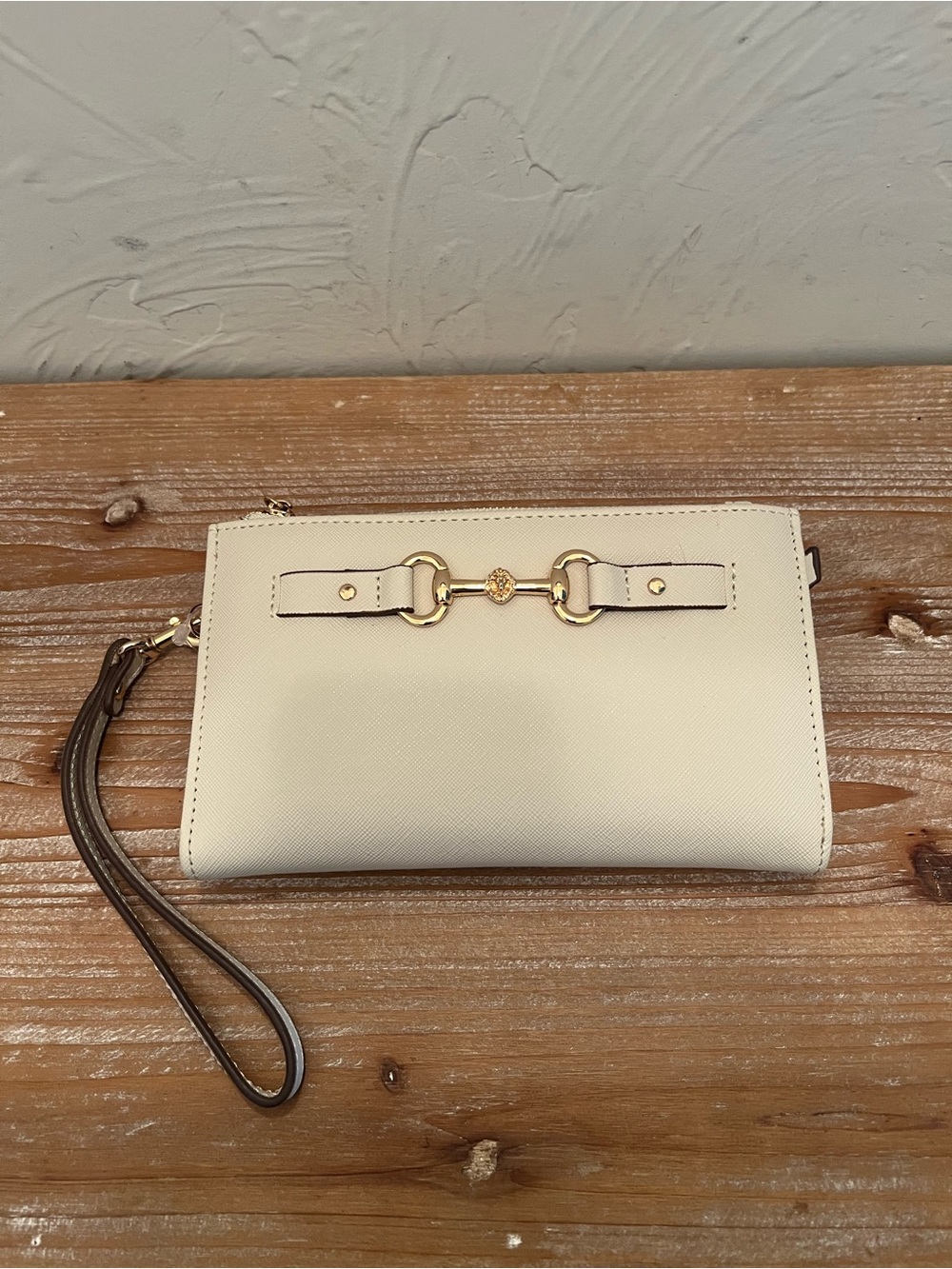 Anne Klein Cream Wristlet Clutch with Gold Hardware
